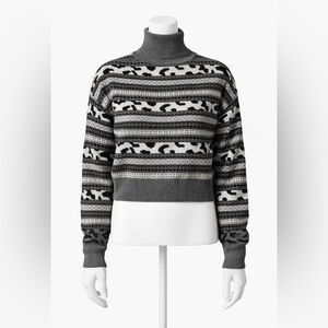 John + Jenn Cropped Turtleneck Sweater Fair Isle Leopard Print Cozy Knit Gray